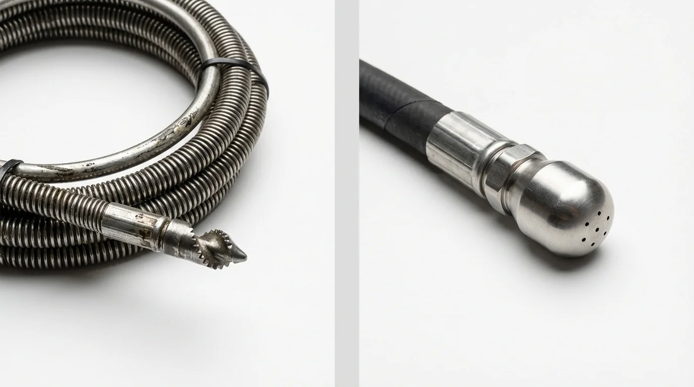 Drain snake cable and hydro jetting nozzle used for drain cleaning in Cottage Grove, WI