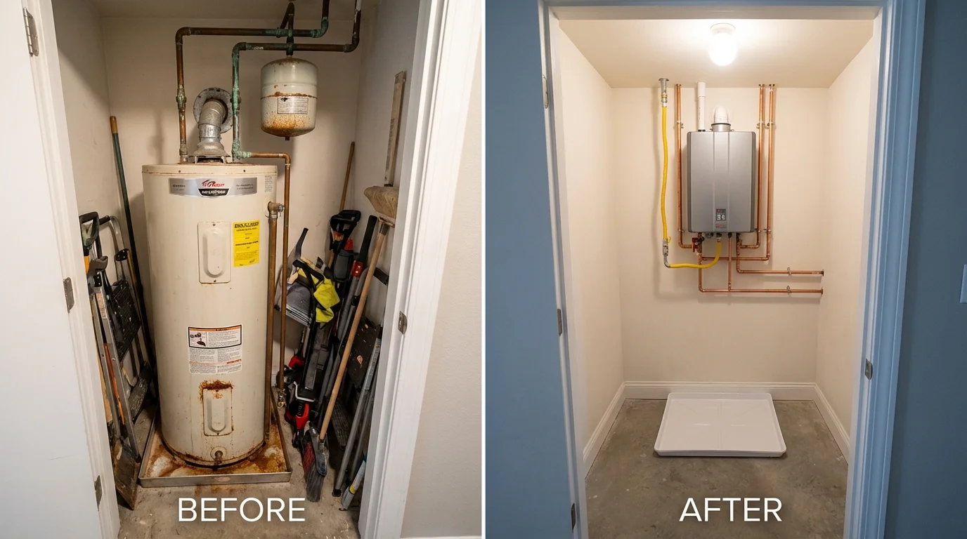 Tank water heater versus wall-mounted tankless unit comparison for Cottage Grove, WI homeowners
