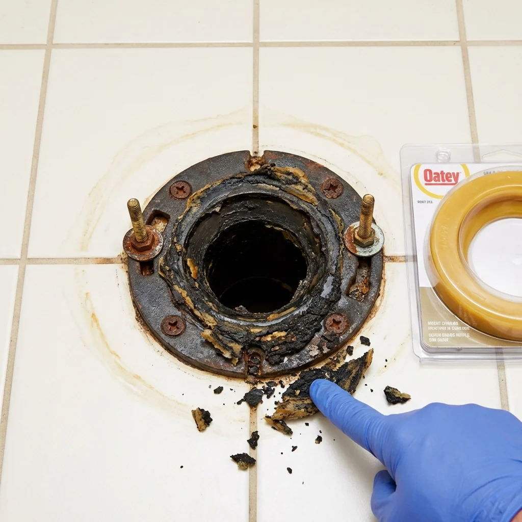 Failed wax ring showing water seepage at the base of a toilet in a Cottage Grove, WI home