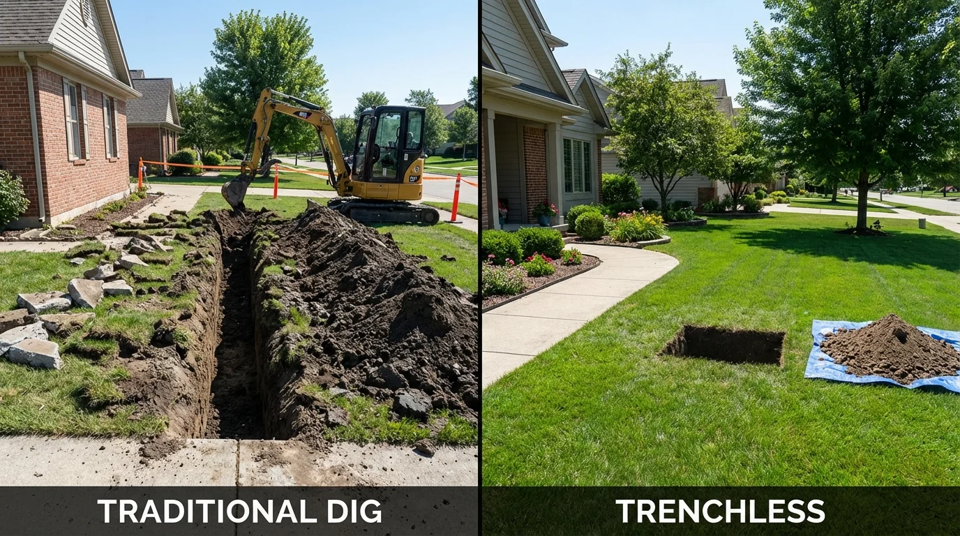 Trenchless sewer repair with minimal yard damage versus traditional excavation in Cottage Grove, WI