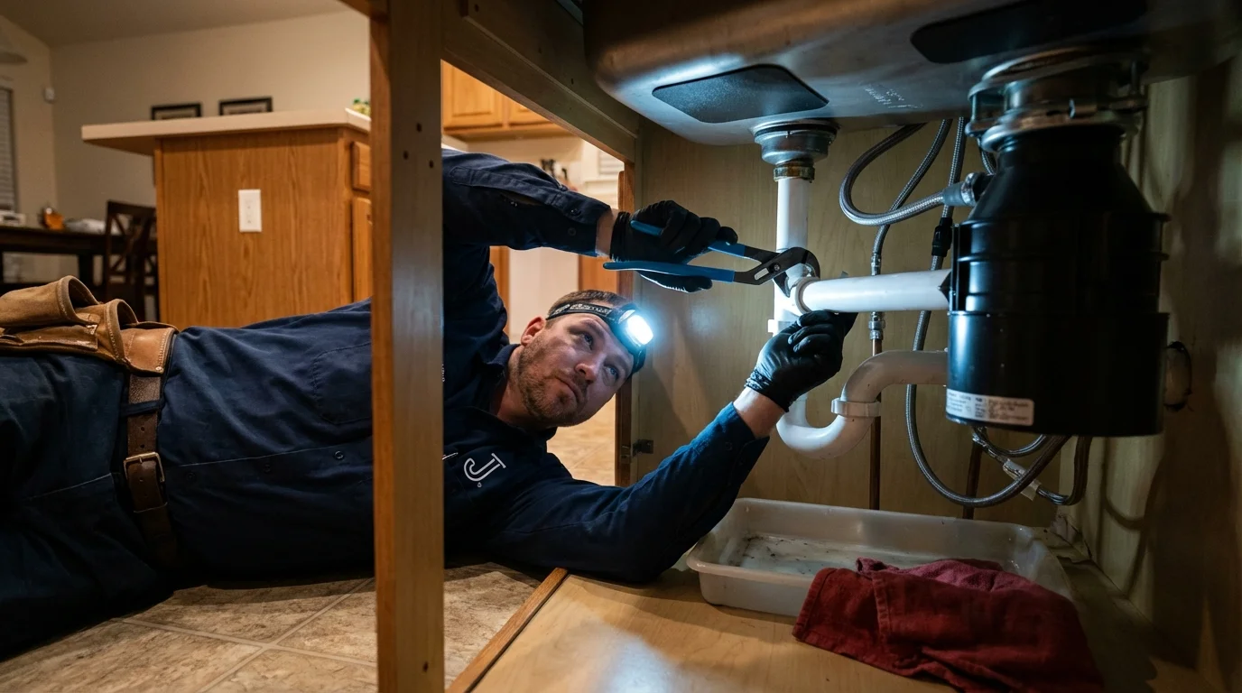 P-trap and supply line connections under a kitchen sink showing a common leak point in Cottage Grove, WI
